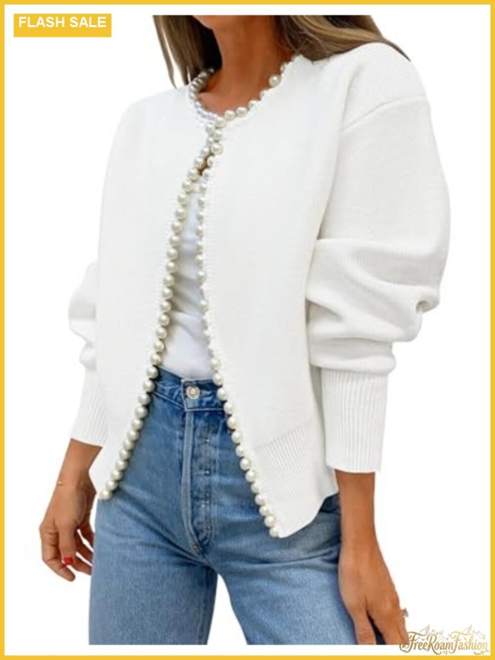Pearls Trim Open Front Cardigan Sweater Knit Coat